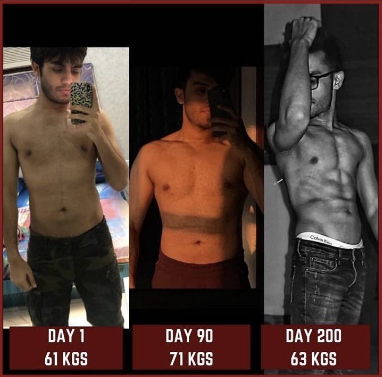 Client 200-day transformation: built muscle from 61 to 71 kg, then leaned out to 63 kg